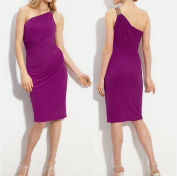 David Meister jewelled multicolor crystals one shoulder ruched